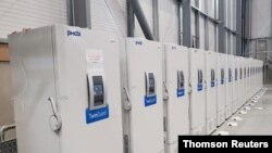 Specialist freezers await distribution of the coronavirus disease (COVID-19) vaccines to the NHS from a secure location in Britain this undated handout obtained Dec. 5, 2020. (Public Health England/Handout via Reuters) 