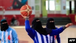 Yemeni women with disabilities take part in a local wheelchair basketball championship in Yemen's capital, Sanaa, Dec. 9, 2019.