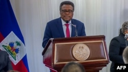 Fritz Alphonse Jean, the new president of the Haitian Presidential Transition Council, speaks at the Villa d'Accueil after taking office on March 7, 2025, in Port-au-Prince, Haiti.