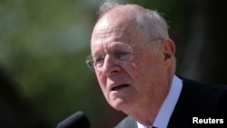 Supreme Court Associate Justice Anthony Kennedy speaks during a swearing-in ceremony for Judge Neil Gorsuch as an associate justice of the Supreme Court in the Rose Garden of the White House in Washington, April 10, 2017. 