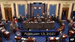 Baraza la Seneti likiendelea na kikao chake kusikiliza kesi ya kumshtaki Rais wa zamani Donald Trump Washington, Saturday, Feb. 13, 2021. (Senate Television via AP).