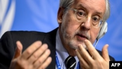 FILE - Chaiman of the United Nations (UN) Commission of Inquiry on Syria, Paulo Sergio Pinheiro gestures during a press conference on March 17, 2015 in Geneva. 