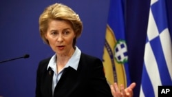 FILE - German Minister of Defense Ursula von der Leyen speaks in Athens, March 5, 2019. 