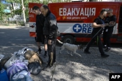 A volunteer evacuates a dog whose owners evacuated from the city of Pokrovsk in the Donetsk region, Sept. 21, 2024. For months, Moscow has been trying to capture Pokrovsk, a now-deserted city that was once home to 60,000.