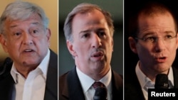 FILE - A combination picture shows candidates, from left, leftist front-runner Andres Manuel Lopez Obrador of the National Regeneration Movement (MORENA), Institutional Revolutionary Party (PRI) presidential candidate Jose Antonio Meade and Ricardo Anaya, presidential candidate for the National Action Party (PAN), leading a left-right coalition, addressing the audience during a conference organized by the Mexican Construction Industry Association in Guadalajara, Mexico, March 23, 2018.