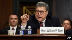 Attorney General William Barr testifies before the Senate Judiciary Committee on Capitol Hill in Washington, May 1, 2019. 