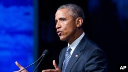 Presiden AS Barack Obama berbicara dalam konferensi GLACIER di Anchorage, Alaska (31/8). (AP/Andrew Harnik)