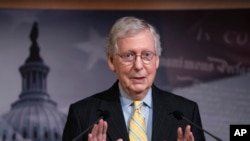 FILE - Senate Majority Leader Mitch McConnelll holds a news conference ahead of the Fourth of July break, at the Capitol in Washington, June 27, 2019. 