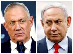 FILE - A combination picture shows Benny Gantz, leader of Blue and White party, in Tel Aviv, Israel, Nov. 23, 2019, and Israeli Prime Minister Benjamin Netanyahu in Kiryat Malachi, Israel, March 1, 2020.