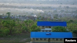 FILE - An aerial view shows Bidi Bidi refugee camp, home to displaced South Sudanese families, in Yumbe district, in northern Uganda, April 5, 2017. 