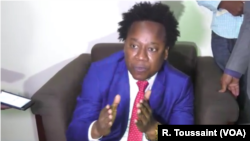 Sen. Gracia Delva explains his phone conversations with alleged gang leader Arnel Joseph during a press conference in Port au Prince, Haiti, April 24, 2019.