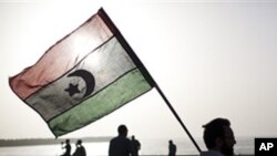 A man holds a pre-Gadhafi era national flag in Benghazi, Libya, Sunday, June 5, 2011