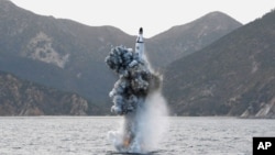 A photo shows the underwater test-fire of a strategic submarine ballistic missile in this undated photo released by North Korea's Korean Central News Agency (KCNA) in Pyongyang, April 24, 2016. 