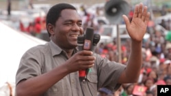 FILE - Hakainde Hichilema, of the Zambia opposition United Party for National Development addresses an election rally in Lusaka, Zambia, Jan. 2015.