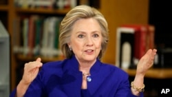 FILE - Democratic presidential candidate Hillary Rodham Clinton speaks at an event at Rancho High School, May 5, 2015.