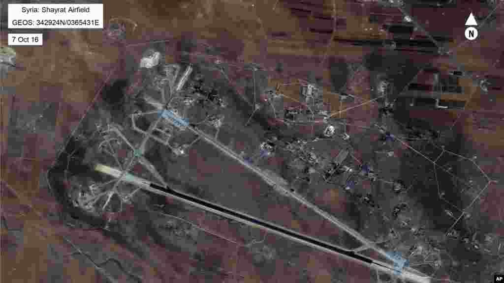 This Oct. 7, 2016 satellite image released by the U.S. Department of Defense shows Shayrat air base in Syria. The U.S. blasted a Syrian air base with a barrage of cruise missiles on April 7, 2017 in fiery retaliation for this week's gruesome chemical weap