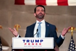 Donald Trump Jr., speaks as he tapes his speech for the first day of the Republican National Convention from the Andrew W. Mellon Auditorium in Washington, Aug. 24, 2020.