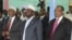 Somali president Sharif Sheik Ahmed, center, Prime Minister, Abdiwali Mohamed Ali, right, and parliament speaker Sharif Hassan Sheik Adan, left, during constituent assembly opening in Mogadishu, July 25, 2012. 