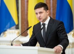 Ukrainian President Volodymyr Zelenskiy speaks in Kyiv, Dec. 4, 2019.