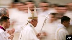 Pope Francis leaves after he celebrated Mass on the occasion of the feast of Our Lady of Guadalupe, in St. Peter's Basilica at the Vatican, Dec. 12, 2018.