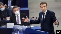 French President Emmanuel Macron delivers a speech at the European Parliament in Strasbourg, eastern France, Jan. 19, 2022. 