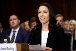 FILE - Allison Jones Rushing testifies before a Senate Judiciary confirmation hearing on her nomination to be a United States circuit judge for the Fourth Circuit, on Capitol Hill in Washington, Oct. 17, 2018.
