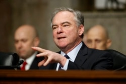 FILE - Senate Armed Services Committee member Tim Kaine, D-Va., speaks during a committee hearing on Capitol Hill in Washington, Feb. 29, 2019.