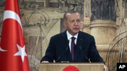 Turkey's President Recep Tayyip Erdogan speaks in Istanbul, Aug. 21, 2020. Erdogan announced the discovery of large natural gas reserves off the Black Sea coast.