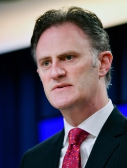 FILE - State Department Coordinator for Counterterrorism, Ambassador Nathan Sales, speaks during a press conference at the State Department, June 24, 2020, in Washington.