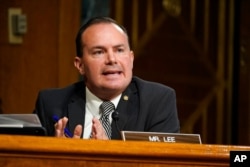FILE - Sen. Mike Lee, R-Utah, speaks on Capitol Hill in Washington, Nov. 10, 2020.