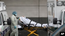FILE - A patient is moved by health care workers at Maimonides Medical Center, in New York City, amid the coronavirus pandemic, May 6, 2020. 