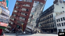 This photo taken by Taiwan's Central News Agency (CNA) on April 3, 2024 shows a damaged building in Hualien, after a major earthquake hit Taiwan's east.