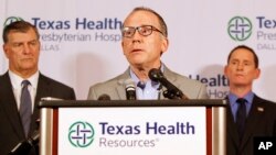 Texas Health Resources Chief Clinical Officer Dr. Daniel Varga speaks to reporters in Dallas on October12th.