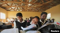 Des écolières Des écolières prennent des notes à partir d'un tableau de fortune dans une école du village de Mwezeni au Cap oriental, Afrique du Sud, 5 juin 2012.