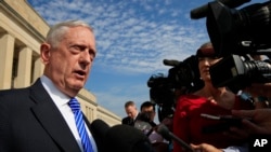 Secretary of Defense Jim Mattis, speaks to reporters at the Pentagon, July 27, 2018. 