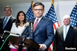 Speaker of the U.S. House of Representatives Mike Johnson holds a press conference after a meeting with former President Donald Trump and the House Republican Conference in Washington on June 13, 2024.