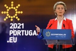 European Commission President Ursula von der Leyen attends a news conference with European Council President Charles Michel and Portuguese Prime Minister Antonio Costa (not pictured) during the European Social Summit in Porto, Portugal, May 8, 2021.
