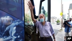 U.S. Sen. Ed Markey, D-Mass., waves while boarding his campaign bus at the conclusion of a campaign stop, Sept. 1, 2020, in Boston.