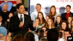 FILE - Republican president candidate Sen. Marco Rubio, speaks to supporters at the Guntersville Civic Center in Guntersville, Alabama, Dec. 1, 2015.