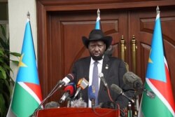 Le président du Soudan du Sud, Salva Kiir, s'exprime lors d'une conférence de presse à Juba, le 9 juillet 2021.