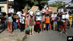 Supporters of three land rights activists protest in the Cambodian capital Phnom Penh, on May 22, 2023, to demand their release from pre-trial detention.