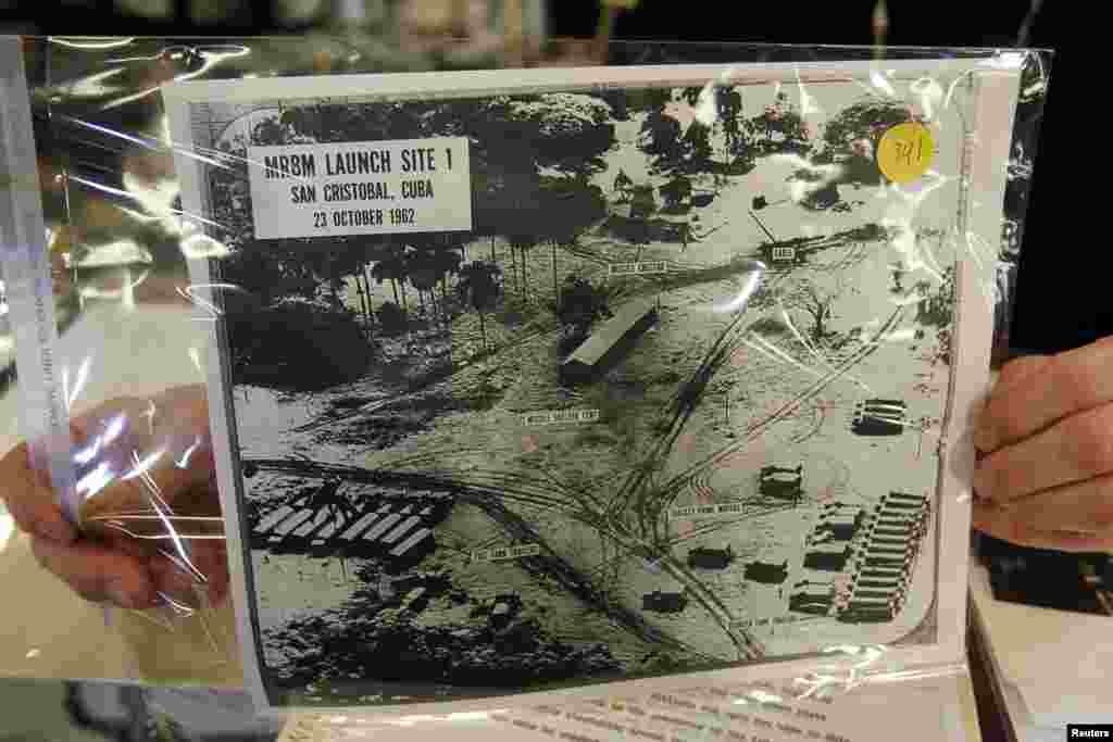 A photograph of a missile launch site from the Cuban Missile Crisis is displayed as part of the McInnis Auctioneers Presidential Auction in Amesbury, Massachusetts, Feb. 10, 2013.