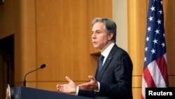 Foto de archivo del Secretario de Estado de Estados Unidos, Antony Blinken, en una conferencia de prensa en la sede del Departamento de Estado. 