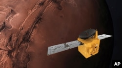 This June 1, 2020, rendering provided by Mohammed Bin Rashid Space Centre shows the Hope probe. The U.S., China and the United Arab Emirates are sending spacecraft to Mars in quick succession beginning this week.