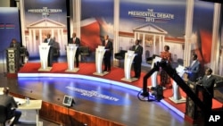 In this photo taken February 11, 2013, Kenyan presidential candidates take part in a televised debate in Nairobi, Kenya.