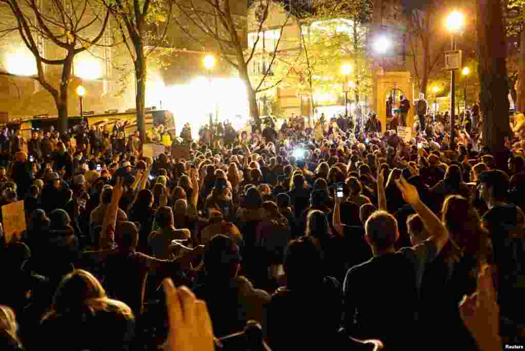 Demonstrators gather during a protest against the election of Republican Donald Trump as president of the United States in Portland, Ore., Nov. 11, 2016. 
