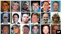 This composite photo shows the 30 troops killed in a helicopter downing in Afghanistan on Saturday, Aug. 6, 2011