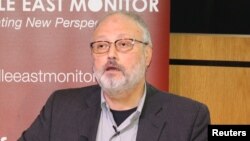 FILE - Saudi dissident Jamal Khashoggi speaks at an event hosted by Middle East Monitor in London, Sept. 29, 2018.