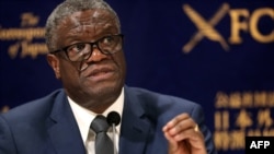 FILE - Congolese Nobel Peace prize winner Denis Mukwege attends a press conference in Tokyo, Oct. 3, 2019.