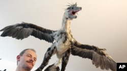 Brazilian paleontologist Alexander Kellner shows a replica of Microraptor during the second Latin American Congress of Vertebrate Paleontology, in Rio de Janeiro, Brazil, August 2005. (file photo)